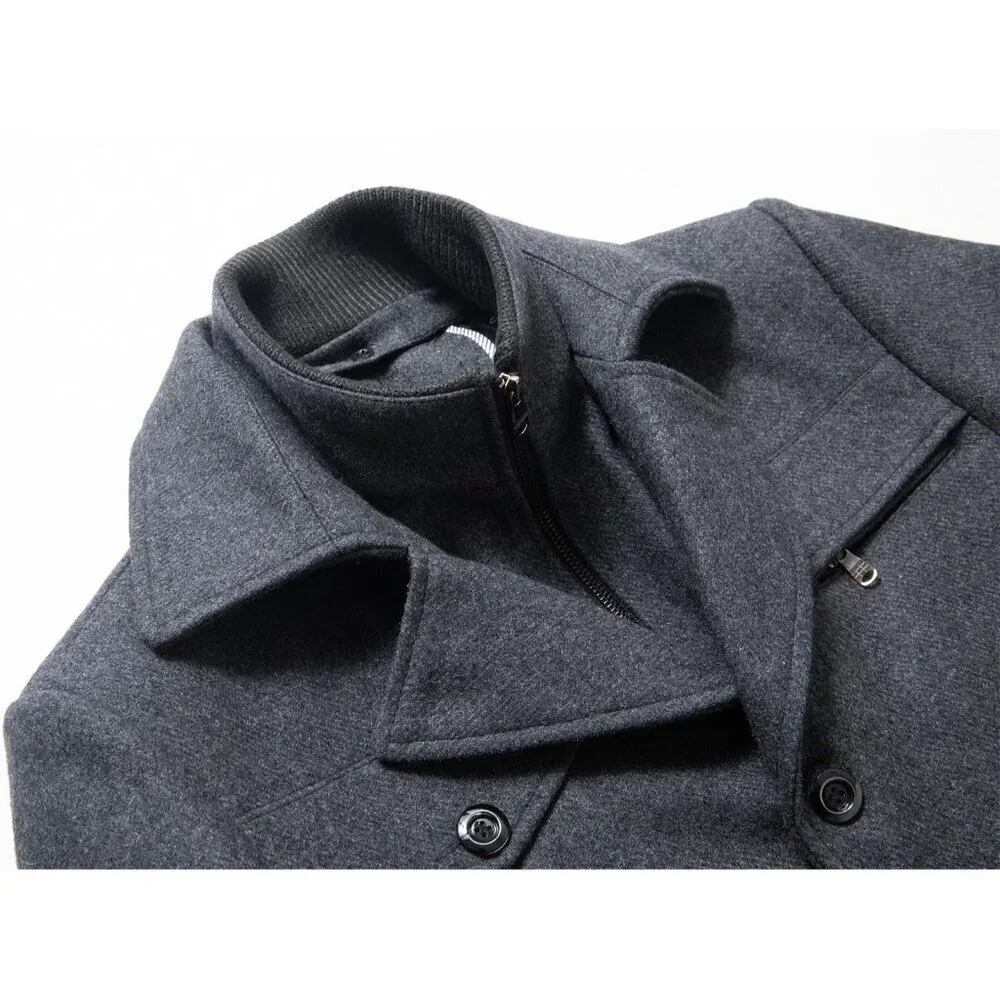 Men's Grey Wool Blend Coat Warm Winter Trench Coat With Detachable Soft Scarf